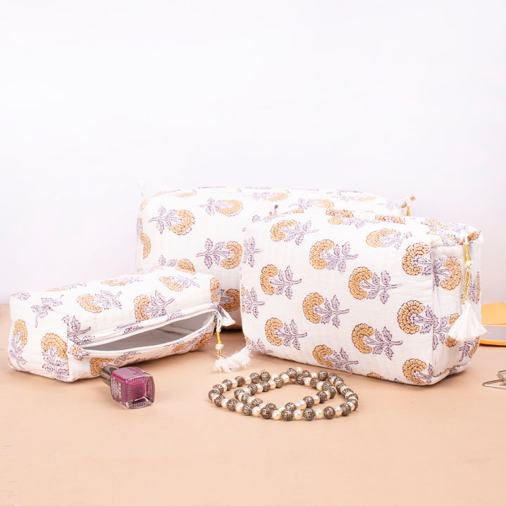 Set of 3 – Quilted Makeup Bag | Cotton Cosmetic Pouch &amp; Organizer