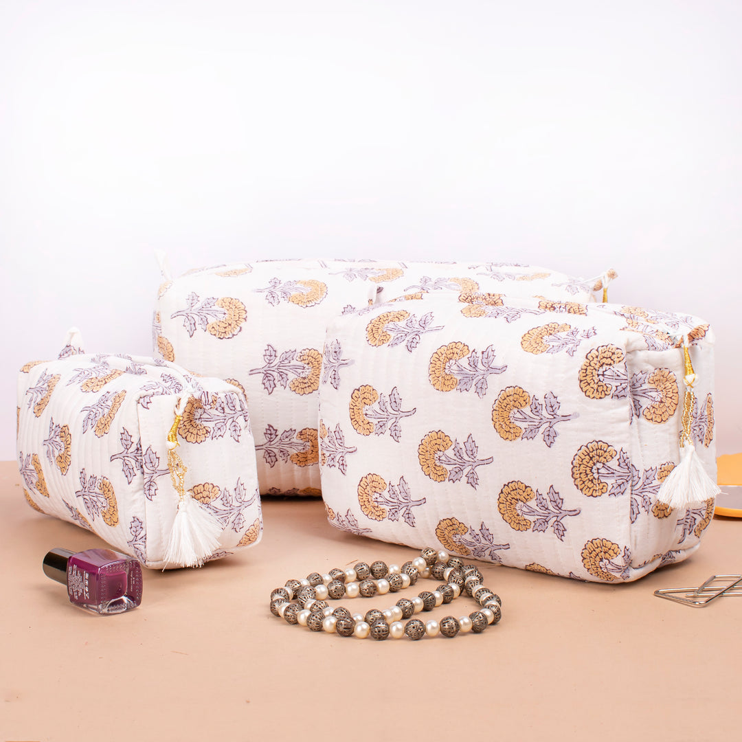 Set of 3 – Quilted Makeup Bag | Cotton Cosmetic Pouch &amp; Organizer