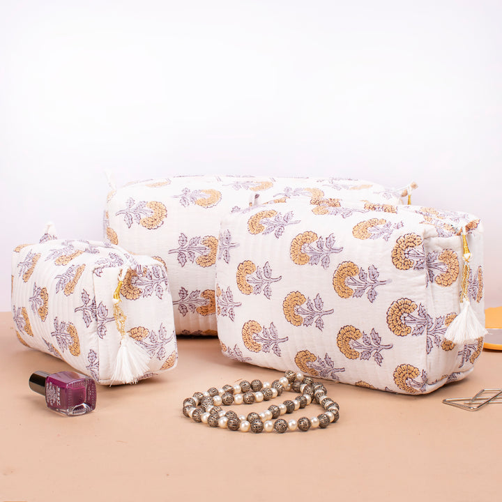 Set of 3 – Quilted Makeup Bag | Cotton Cosmetic Pouch &amp; Organizer