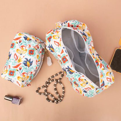 Handmade Quilted Cotton Makeup Bag, Block Print Travel Vanity Case, Zippered Toiletry Pouch For Women, Bridesmaid Gift Organizer