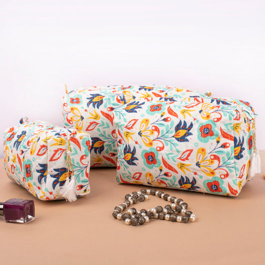Handmade Quilted Cotton Makeup Bag, Block Print Travel Vanity Case, Zippered Toiletry Pouch For Women, Bridesmaid Gift Organizer