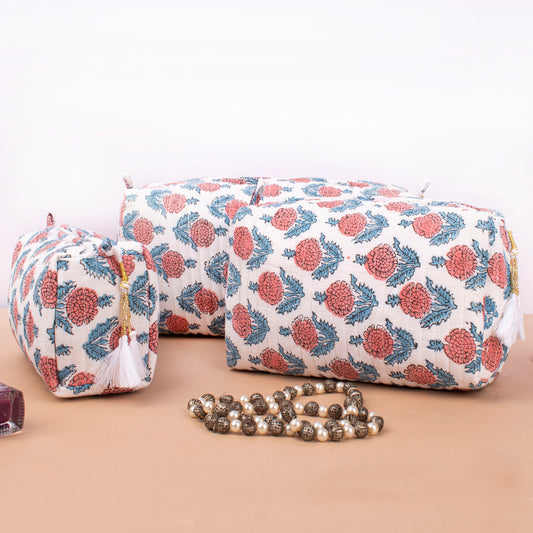 Boho Makeup Bag With Compartments, Indian Style Block Print Toiletry Pouch, Quilted Travel Cosmetic Organizer Bag Set