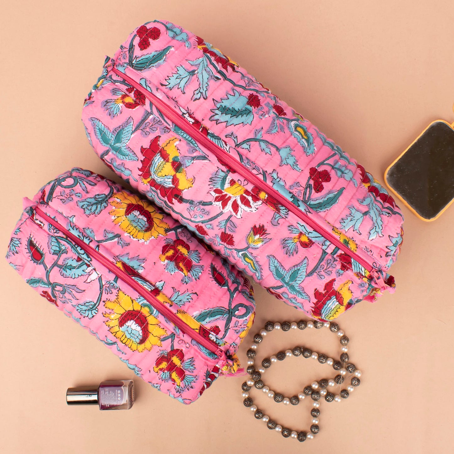 Soft Quilted Wash Bag, Large Cotton Makeup Organizer With Zipper, Handmade Toiletry Bag For Women, Block Print Pouch
