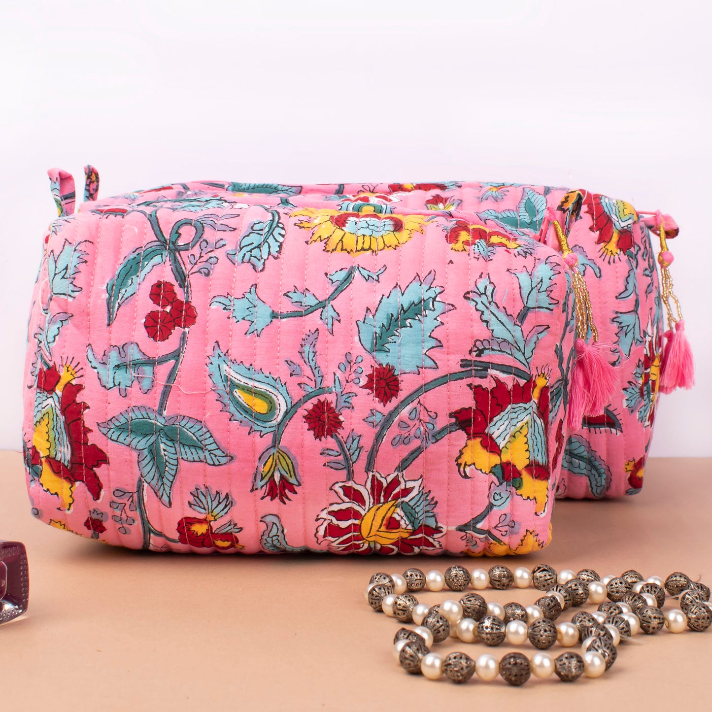 Soft Quilted Wash Bag, Large Cotton Makeup Organizer With Zipper, Handmade Toiletry Bag For Women, Block Print Pouch