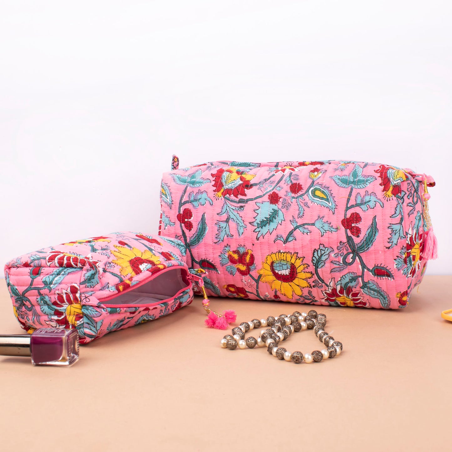 Soft Quilted Wash Bag, Large Cotton Makeup Organizer With Zipper, Handmade Toiletry Bag For Women, Block Print Pouch