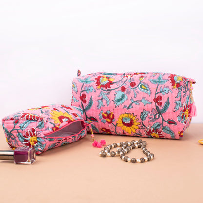Soft Quilted Wash Bag, Large Cotton Makeup Organizer With Zipper, Handmade Toiletry Bag For Women, Block Print Pouch