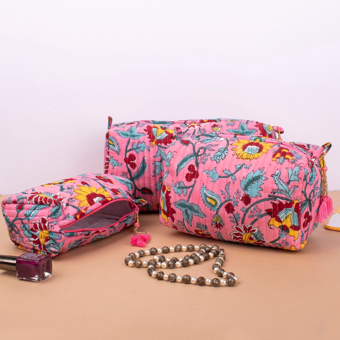 Soft Quilted Wash Bag, Large Cotton Makeup Organizer With Zipper, Handmade Toiletry Bag For Women, Block Print Pouch