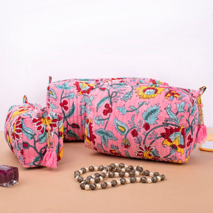 Soft Quilted Wash Bag, Large Cotton Makeup Organizer With Zipper, Handmade Toiletry Bag For Women, Block Print Pouch