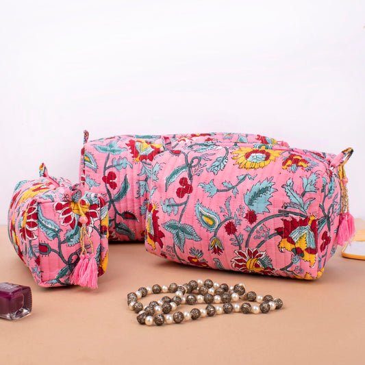 Soft Quilted Wash Bag, Large Cotton Makeup Organizer With Zipper, Handmade Toiletry Bag For Women, Block Print Pouch
