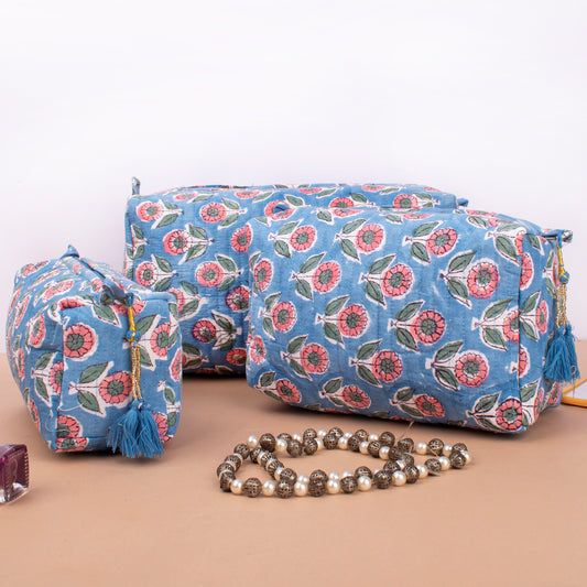 Printed Quilted Toiletry Bag Set, Organic Cotton Travel Cosmetic Case, Mini Makeup Organizer, Bridesmaid Gift Idea