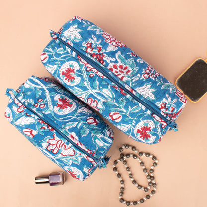 Block Print Makeup Bag Set Of 3, Quilted Cosmetic Pouches, Small Wash Bag For Women, Toiletry Organizer Travel Set With Zipper