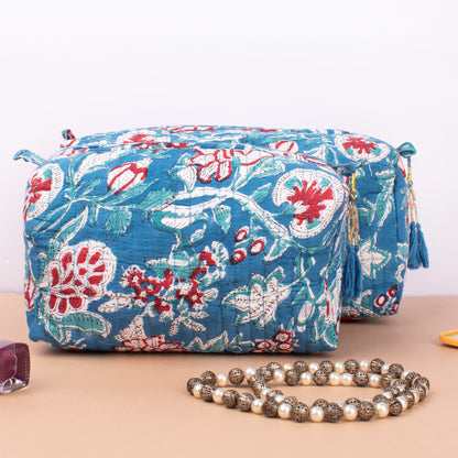 Block Print Makeup Bag Set Of 3, Quilted Cosmetic Pouches, Small Wash Bag For Women, Toiletry Organizer Travel Set With Zipper