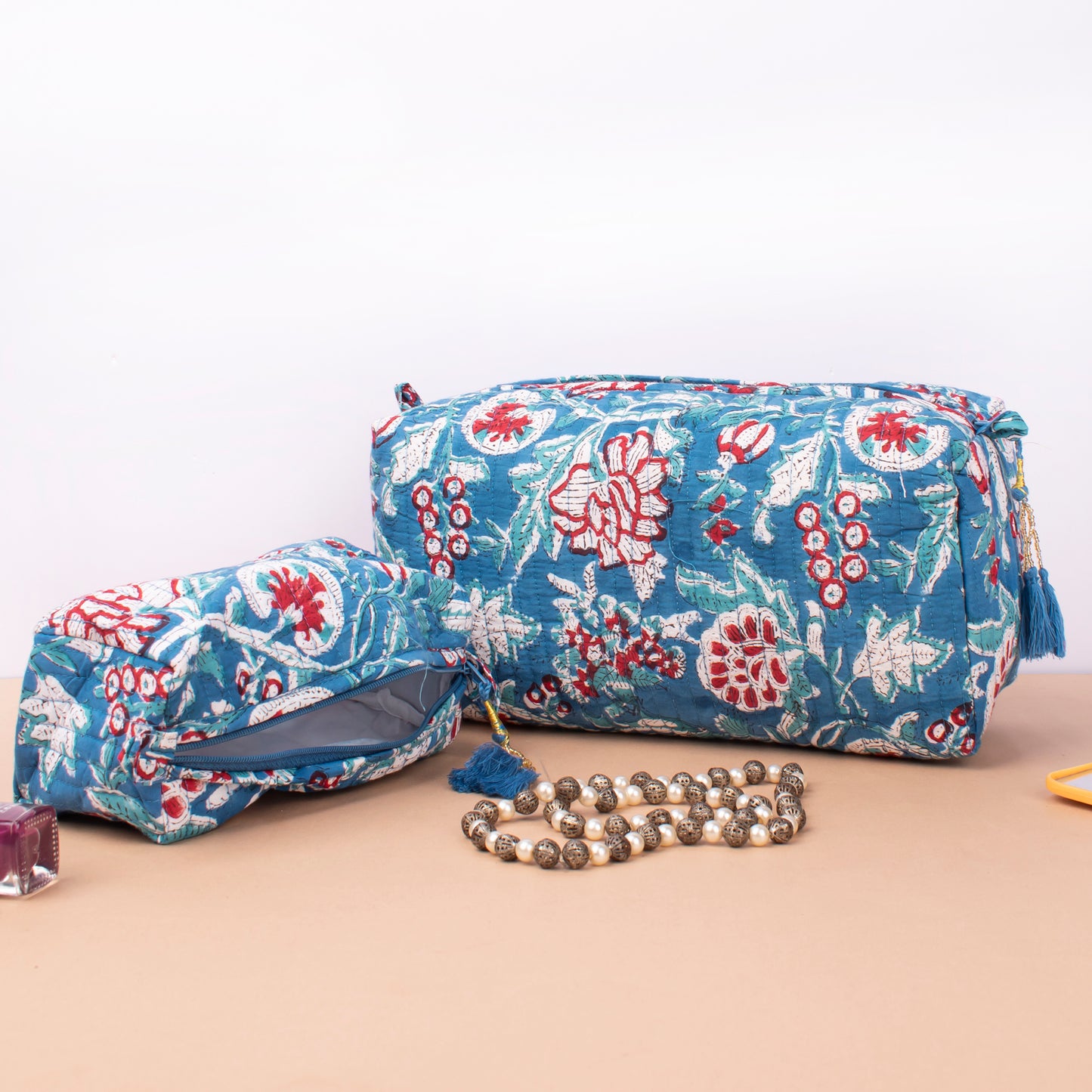 Block Print Makeup Bag Set Of 3, Quilted Cosmetic Pouches, Small Wash Bag For Women, Toiletry Organizer Travel Set With Zipper