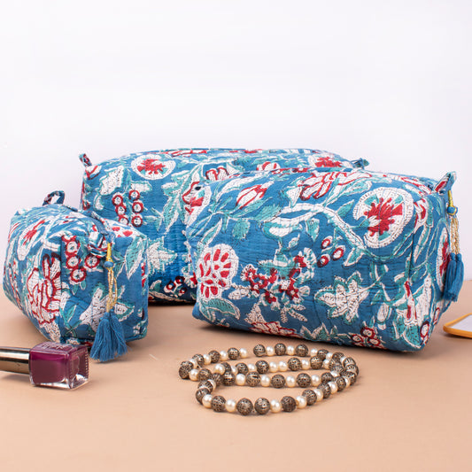 Block Print Makeup Bag Set Of 3, Quilted Cosmetic Pouches, Small Wash Bag For Women, Toiletry Organizer Travel Set With Zipper