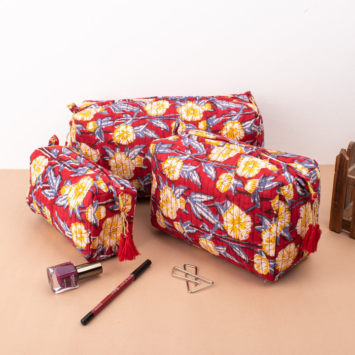 Set of 3 – Floral Makeup Bag | Cotton Cosmetic Pouch &amp; Organizer