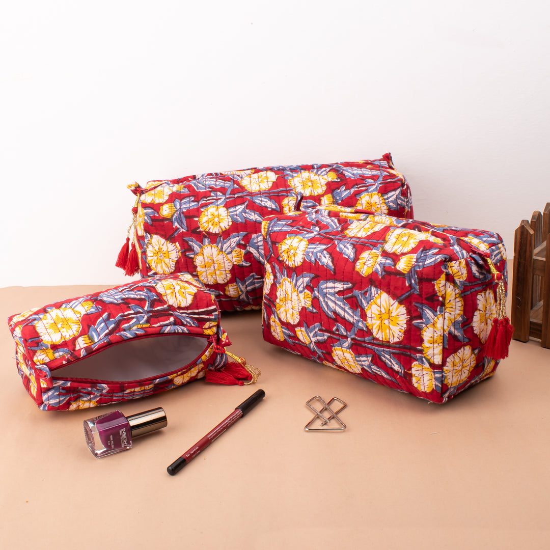 Set of 3 – Floral Makeup Bag | Cotton Cosmetic Pouch &amp; Organizer