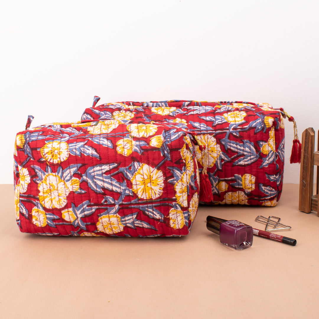 Set of 3 – Floral Makeup Bag | Cotton Cosmetic Pouch &amp; Organizer