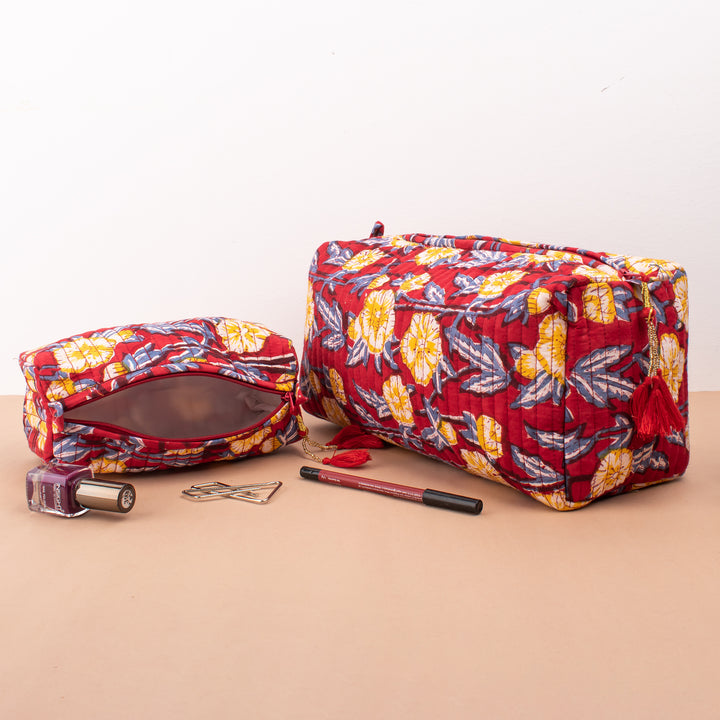 Set of 3 – Floral Makeup Bag | Cotton Cosmetic Pouch &amp; Organizer