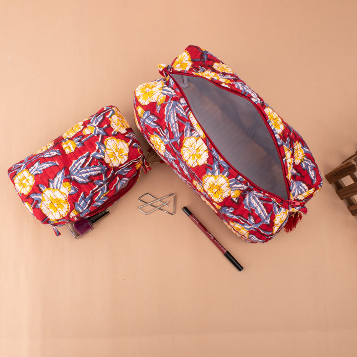 Set of 3 – Floral Makeup Bag | Cotton Cosmetic Pouch &amp; Organizer