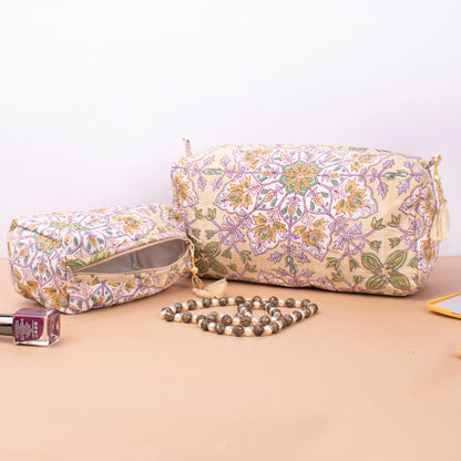Quilted Makeup Bag With Compartments, Handmade Cotton Wash Bag, Indian Block Print Toiletry Organizer Gift For Bride