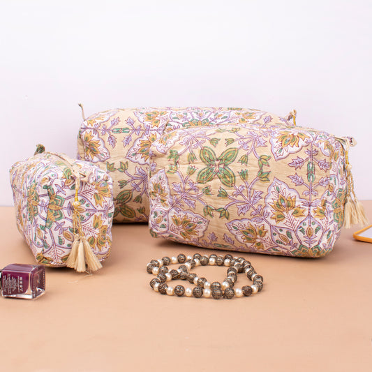 Quilted Makeup Bag With Compartments, Handmade Cotton Wash Bag, Indian Block Print Toiletry Organizer Gift For Bride