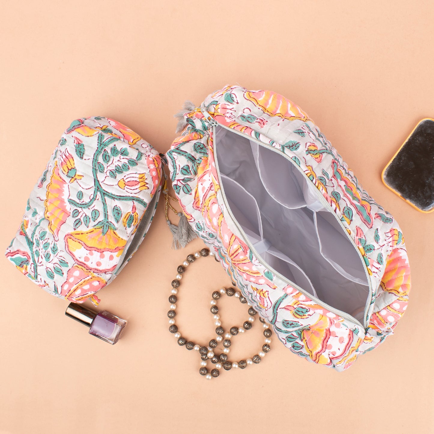 Toiletry Bag For Women With Compartments, Quilted Makeup Travel Pouch, Handmade Cotton Washbag, Vanity Gift Set