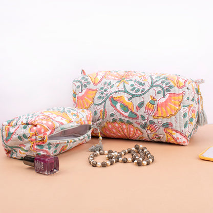 Toiletry Bag For Women With Compartments, Quilted Makeup Travel Pouch, Handmade Cotton Washbag, Vanity Gift Set
