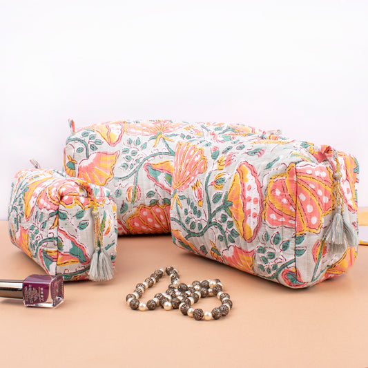 Toiletry Bag For Women With Compartments, Quilted Makeup Travel Pouch, Handmade Cotton Washbag, Vanity Gift Set