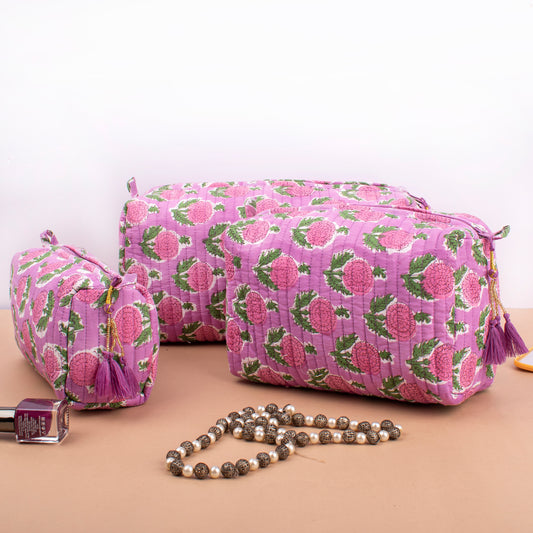 Bridesmaid Gift Quilted Makeup Bag, Block Printed Cotton Wash Pouch, Travel Organizer With Zipper, Boho Style Cosmetic Bag
