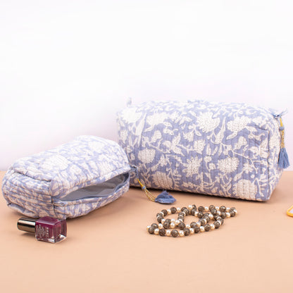 Indian Style Quilted Vanity Case, Handmade Block Print Toiletry Bag, Large Cotton Makeup Pouch With Zipper, Cosmetic Bag For Travel