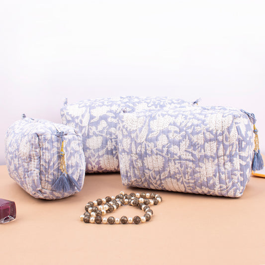 Indian Style Quilted Vanity Case, Handmade Block Print Toiletry Bag, Large Cotton Makeup Pouch With Zipper, Cosmetic Bag For Travel