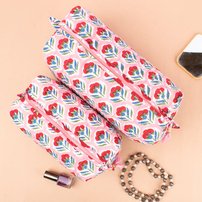 Makeup Bag With Compartments, Soft Quilted Cotton Cosmetic Organizer, Wash Bag For Travel Toiletries, Gift Idea