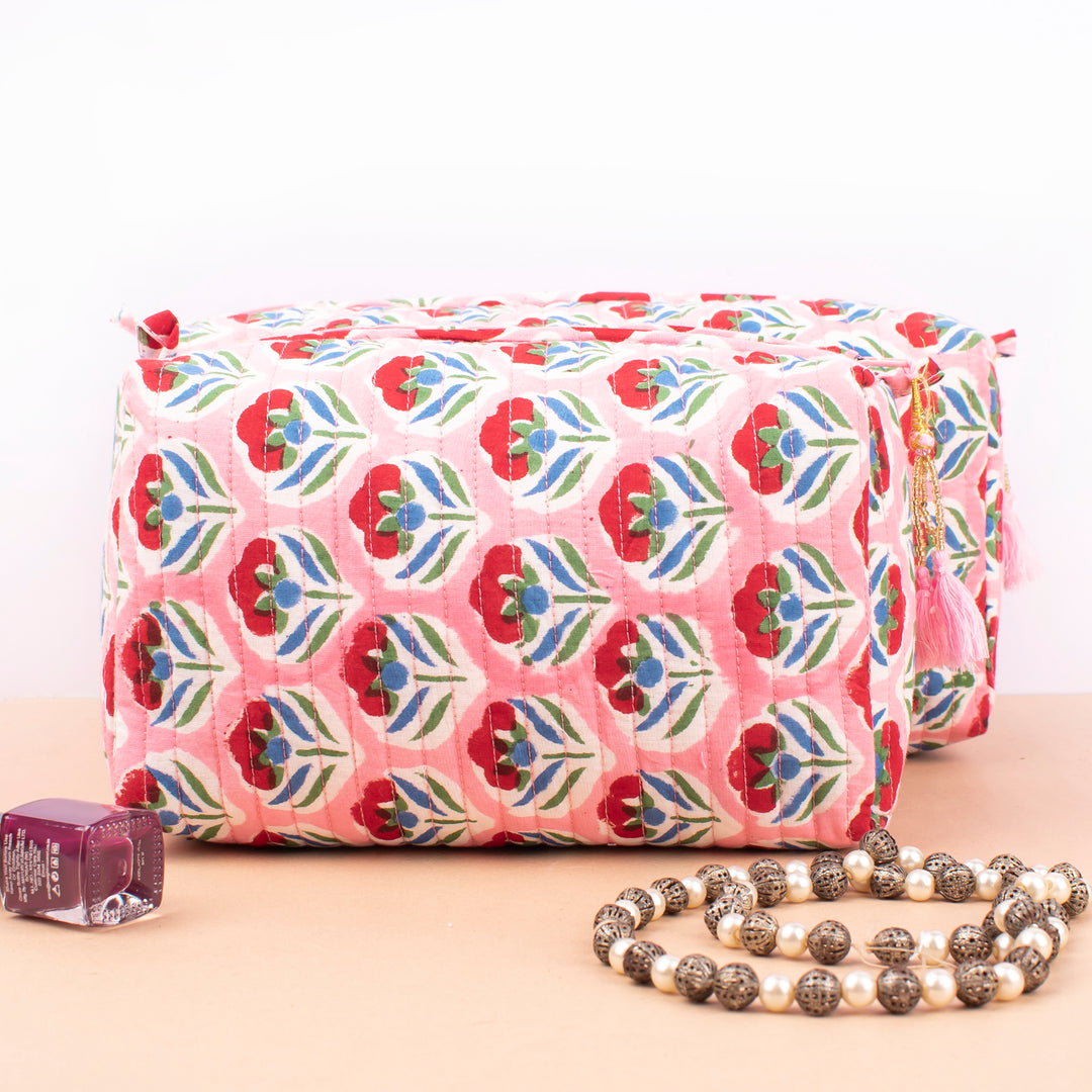 Quilted Makeup Bag | Cotton Cosmetic Pouch &amp; Organizer