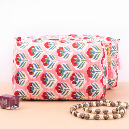 Makeup Bag With Compartments, Soft Quilted Cotton Cosmetic Organizer, Wash Bag For Travel Toiletries, Gift Idea