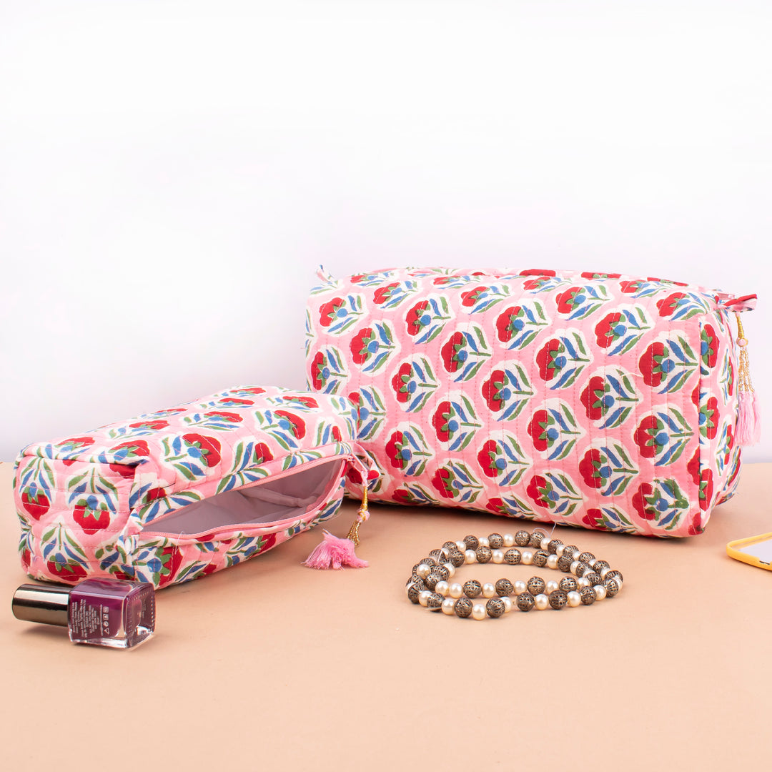 Quilted Makeup Bag | Cotton Cosmetic Pouch &amp; Organizer