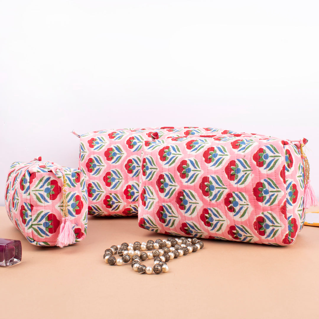 Quilted Makeup Bag | Cotton Cosmetic Pouch &amp; Organizer