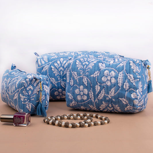 Toiletry Bag Set Quilted, Floral Printed Makeup Organizer, Soft Cotton Cosmetic Pouch For Travel Or Gift, Cotton Cosmetic Pouch