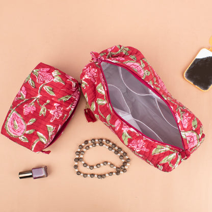 Organic Cotton Makeup Organizer, Quilted Block Print Toiletry Pouch, Travel Cosmetic Bag For Bridesmaids, Cute Mini Bag