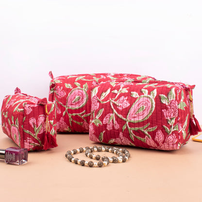 Organic Cotton Makeup Organizer, Quilted Block Print Toiletry Pouch, Travel Cosmetic Bag For Bridesmaids, Cute Mini Bag