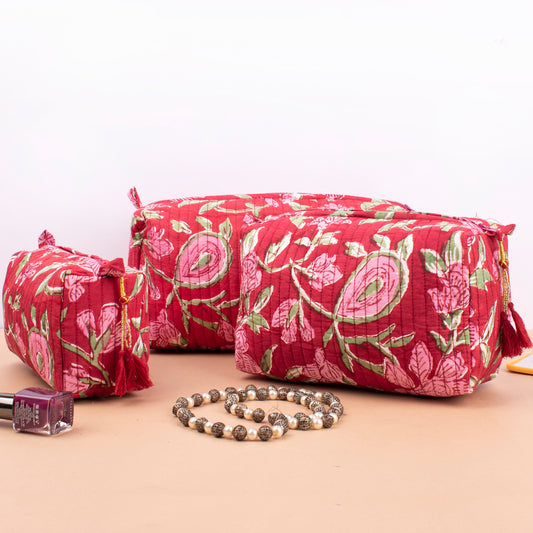 Organic Cotton Makeup Organizer, Quilted Block Print Toiletry Pouch, Travel Cosmetic Bag For Bridesmaids, Cute Mini Bag