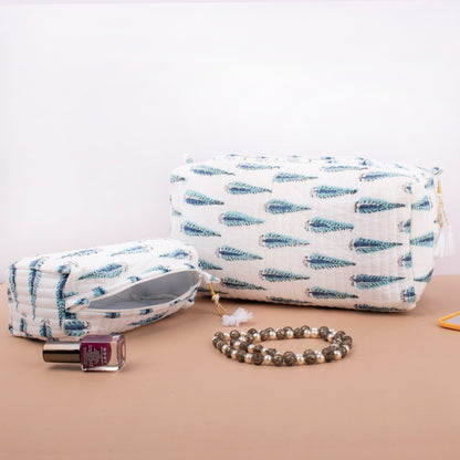 Hand Block Printed Vanity Case, Sustainable Quilted Makeup Bag, Washable Travel Organizer For Women, Gift Idea For Bride Made