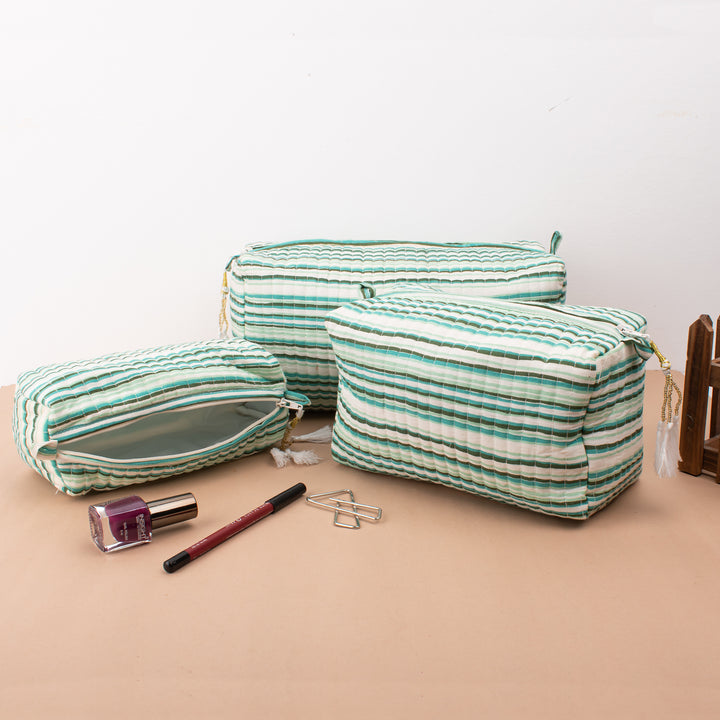Set of 3 – Quilted Makeup Bag | Cotton Cosmetic Pouch &amp; Organizer