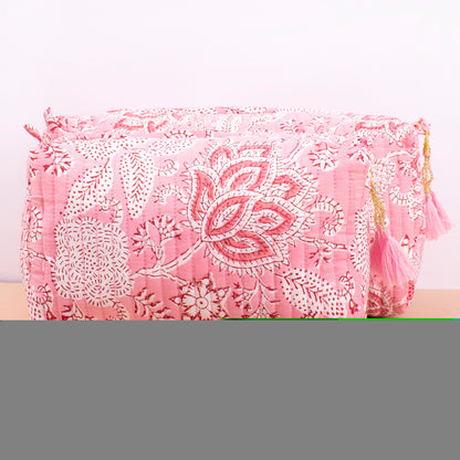 Zippered Quilted Makeup Bag, Small Cosmetic Case With Compartments, Indian Handmade Toiletry Organizer, Waterproof Bag