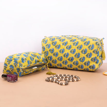 Quilted Cotton Large Makeup Bag, Boho Style Toiletry Pouch Set, Bridesmaid Gift Organizer, Handmade Travel Case For Bride