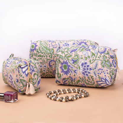 Mini Makeup Organizer Bag, Quilted Cosmetic Travel Case, Block Print Toiletry Pouch For Women, Handmade Makeup Pouch