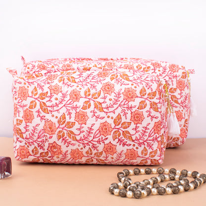 Soft Quilted Toiletry Bags For Women, Block Printed Makeup Pouch Set, Indian Style Vanity Organizer Gift, Printed Makeup Bags