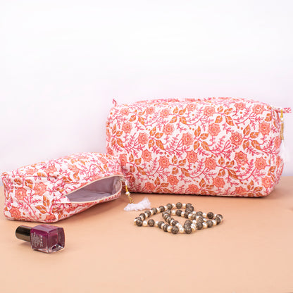 Soft Quilted Toiletry Bags For Women, Block Printed Makeup Pouch Set, Indian Style Vanity Organizer Gift, Printed Makeup Bags