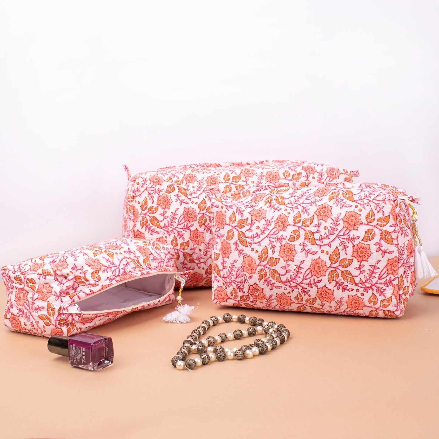 Soft Quilted Toiletry Bags For Women, Block Printed Makeup Pouch Set, Indian Style Vanity Organizer Gift, Printed Makeup Bags
