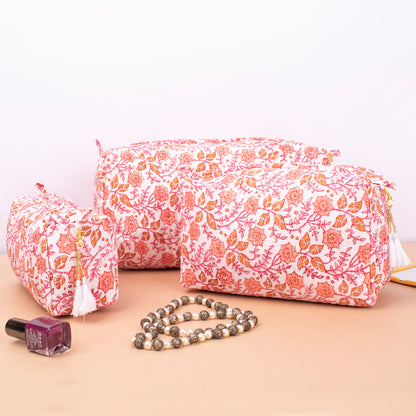 Soft Quilted Toiletry Bags For Women, Block Printed Makeup Pouch Set, Indian Style Vanity Organizer Gift, Printed Makeup Bags