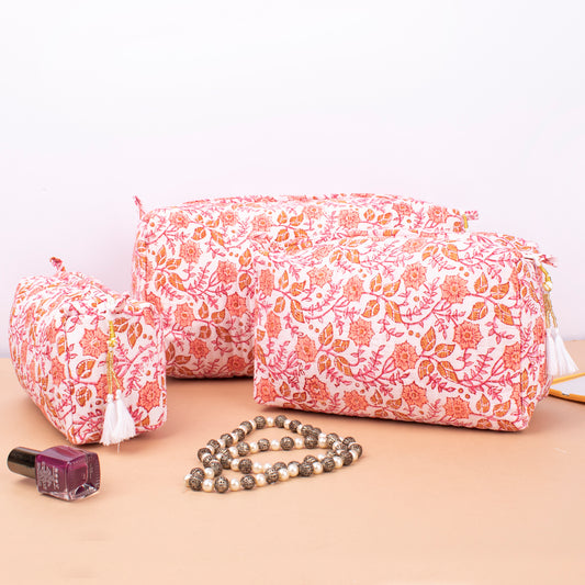 Soft Quilted Toiletry Bags For Women, Block Printed Makeup Pouch Set, Indian Style Vanity Organizer Gift, Printed Makeup Bags